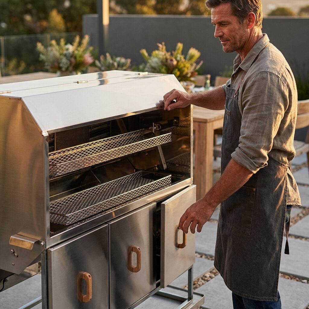 A Spitbraaiers spit braai being used at a home braai